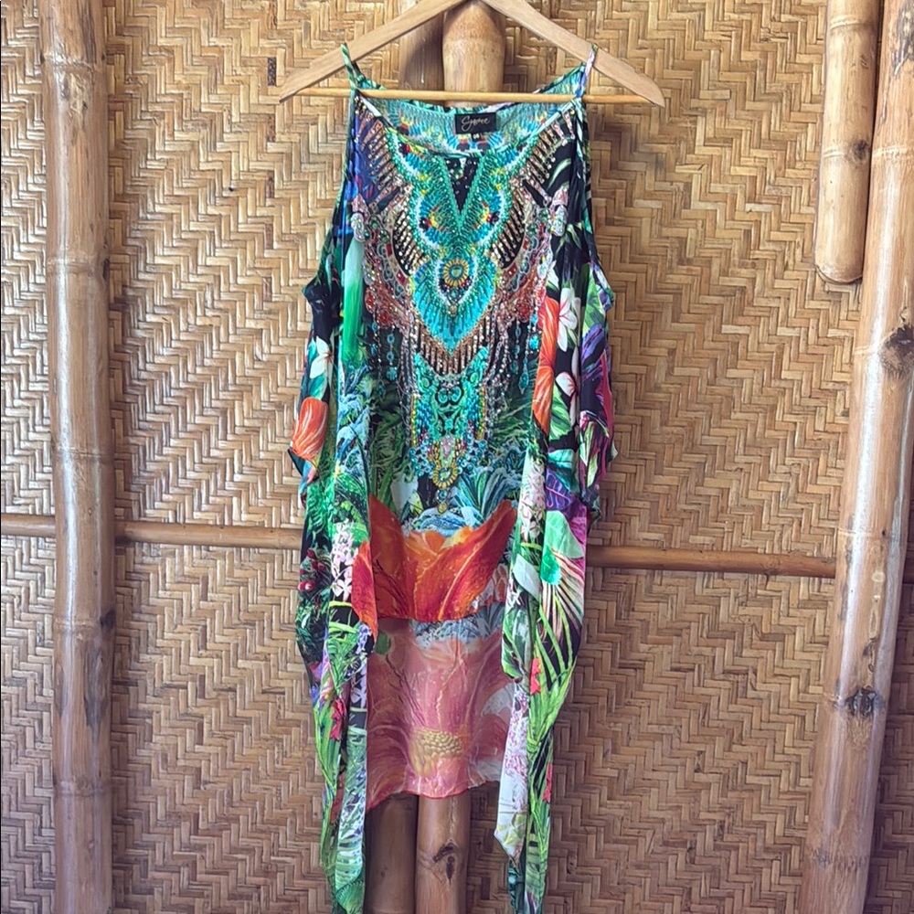 Vibrant Multicolor Czarina tropical silk rhinestone tunic kaftan blouse